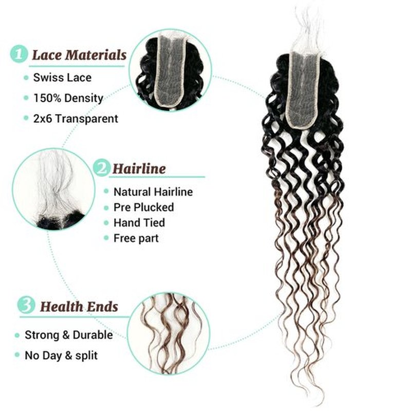 T1B/2/30 Ombre Water Wave HD Closure 12A 2x6 Transparent Color Swiss Lace Closure Brazilian Wet and Wavy Closure Unprocessed Virgin Human Hair Dark Roots 3 Tone 1B/2/30 Wavy Human Hair 18 Inch