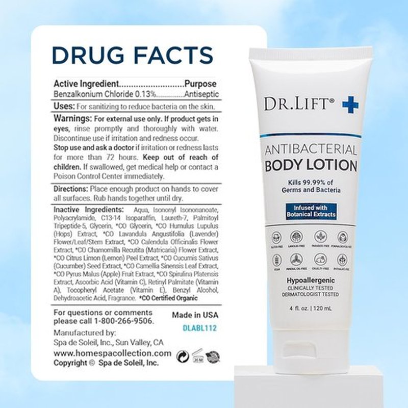 DR. LIFT Antibacterial Body Lotion, Hypoallergenic Formula with Vitamin C & E, Calendula and Chamomile, Gentle on Skin, Non Greasy and Fast Absorbing, Vegan, Paraben Free, Mineral Oil Free, 4 Fl Oz