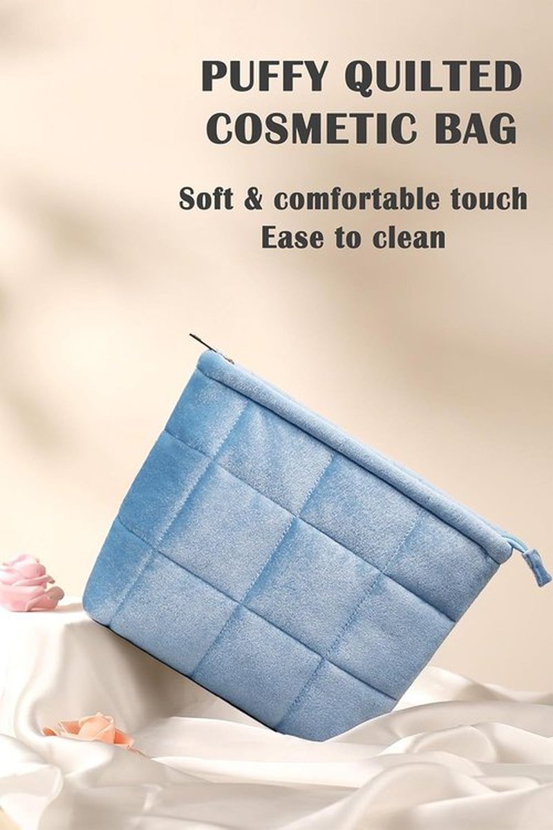 Skiennix Puffy Quilted Makeup Bag - Sky Blue Velvet Cosmetic Organizer Pouch for Travel