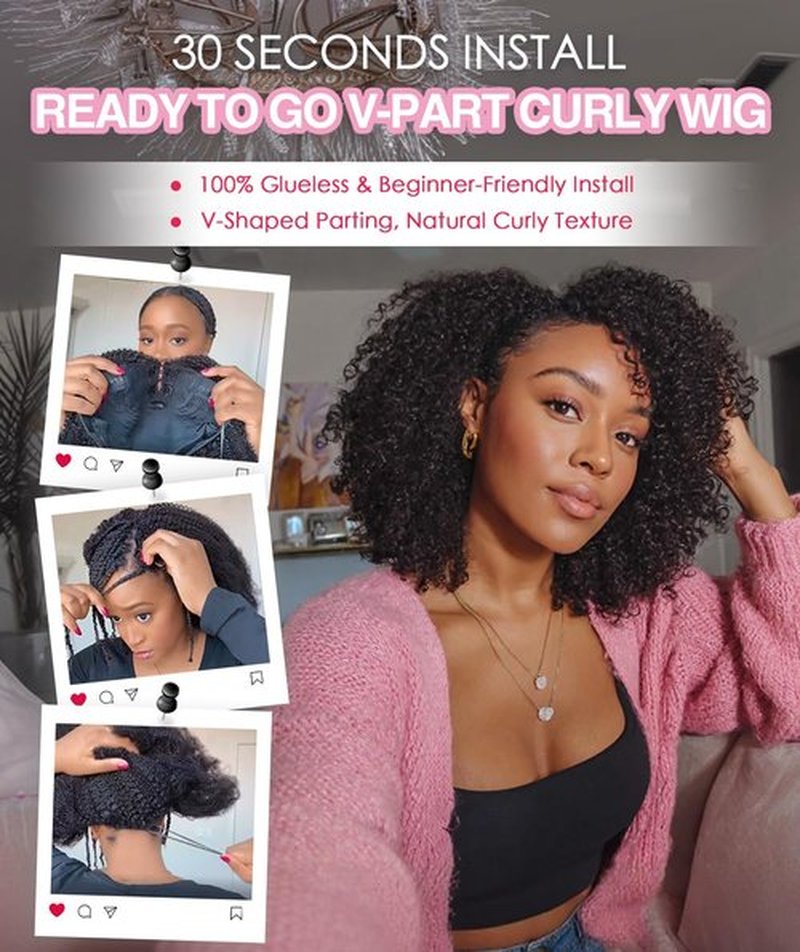 QUEEN VIRGIN REMY QVR Lace V Part Wig Human Hair No Leave Out Glueless V Shape Full Head Clip In Half Wig with Drawstring Kinky Curly U Part Human Hair Wig for Black Women 16 Inch Natural Black