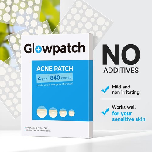 Glowpatch Acne Pimple Patch(840 Counts 4 Sizes), Zit Stickers for Face, Hydrocolloid Spot Stickers, Clear Acne Dots for Covering Zits, Blemishes, and Breakouts