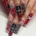 MISUD Press on Nails - Long Square Glue on Nails with Goth Red Black, Acrylic Gothic Y2K Cross Design 24 pcs