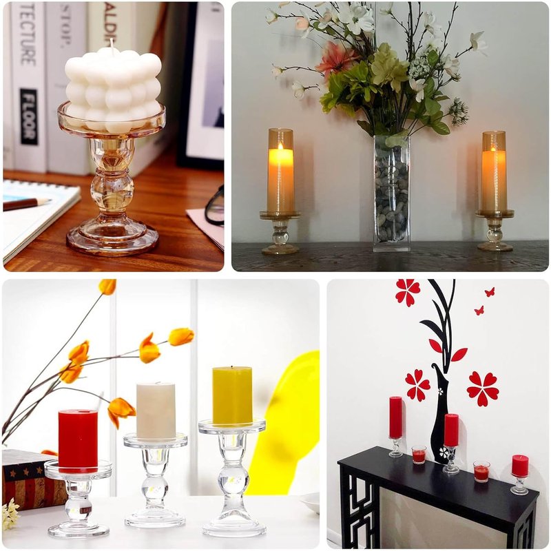 Efavormart Glass Pillar Candle Holders Set - Premium Clear Design with Round Tray | 3.5", 4.5", 5.5" Sizes