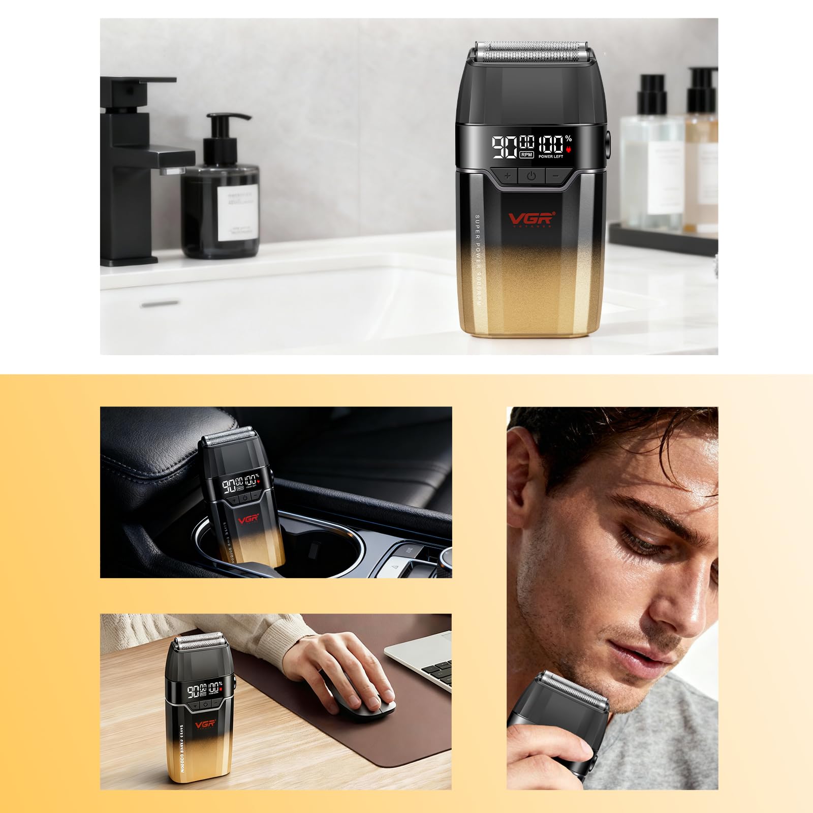 VGR 308 Electric Shavers for Men, Professional Double Foil Shaver 9000RPM Cordless Head Shaver with Titanium Foils, LED Display, USB Rechargeable Men's Electric Razor for Face & Beard, Gold