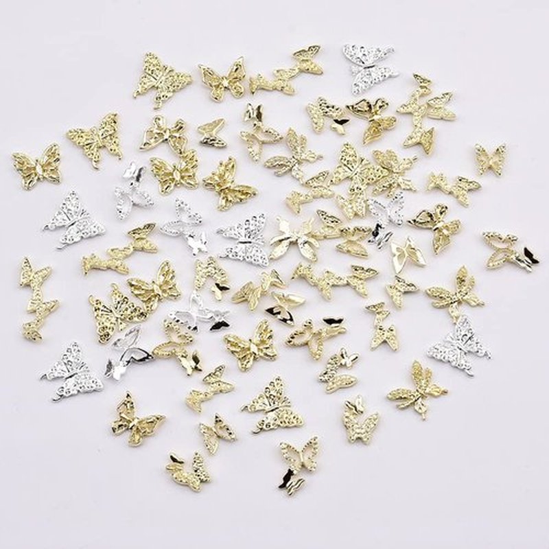 60pcs Metal Alloy Gold Silver 3D Butterfly Nail Charms Mix Big Small Designs for Women Nails Decoration Craft Jewelry DIY Bulk Supply