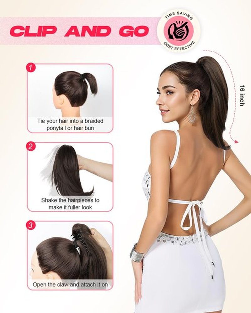 NTYNTY Ponytail Extension – 16” Claw Clip in Ponytail Hair Extensions Natural Soft Synthetic High Pony Tail Hairpieces for Women (Honey Blonde with Highlights, 16 inch)
