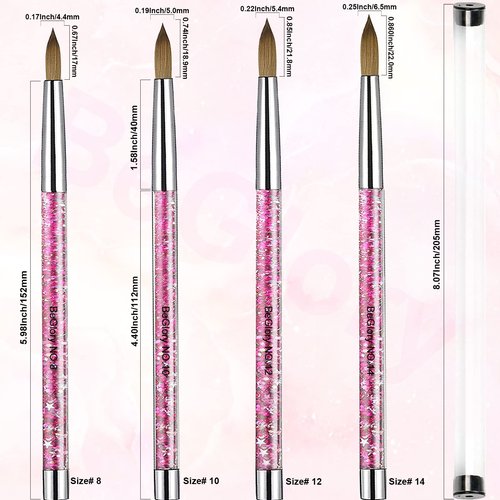 Acrylic Nail Brush Set, 4PCS Acrylic Nail Brushes Professional Nail Brush for Acrylic Application 3D Nail Carving DIY Acrylic Powder Brushes Liquid Glitter Nail Art Brush Size #8#10#12#14 (Pink)