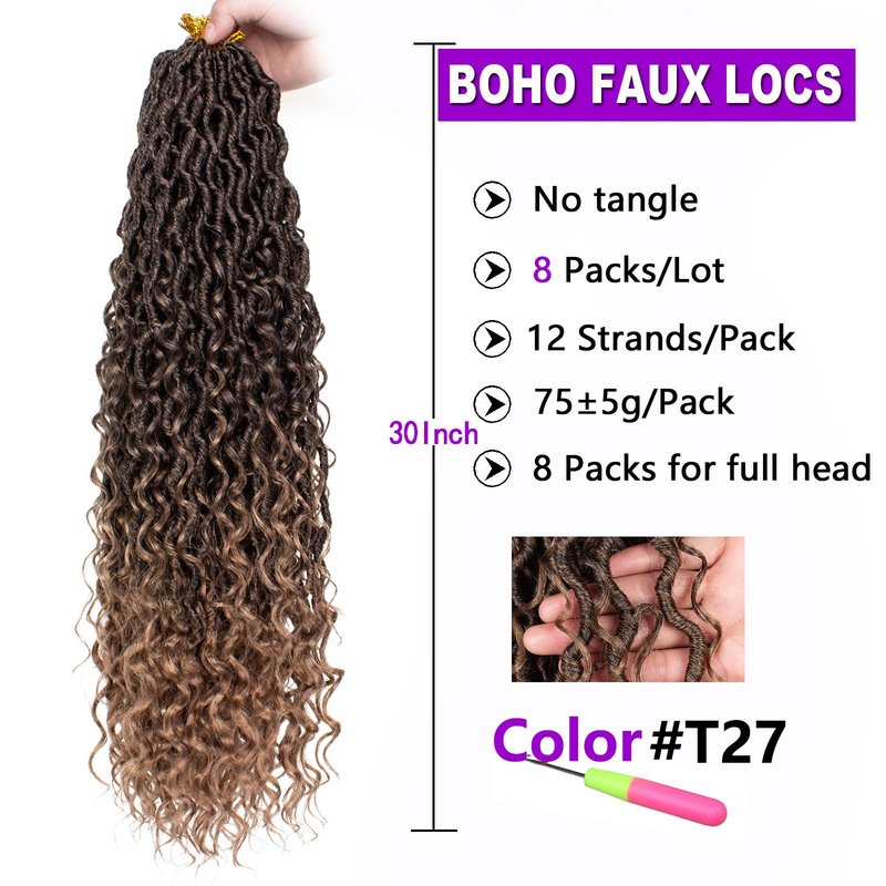 ZRQ 30 Inch Goddess Locs Crochet Hair 8Packs Boho Faux Locs Croceht Braids, Pre Looped Long Bohemian Locs Crochet Hair Ombre Hippie Locs Hair Extension T27#