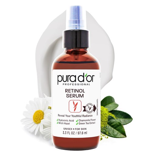 PURA D'OR Retinol Serum Nighttime Facial Skincare – 3.3 oz Overnight Treatment Featuring Aloe Vera Botanical Extracts, Lightweight Fast-Absorbing Hydration for Smoother-Looking Texture, Tone, Radiance
