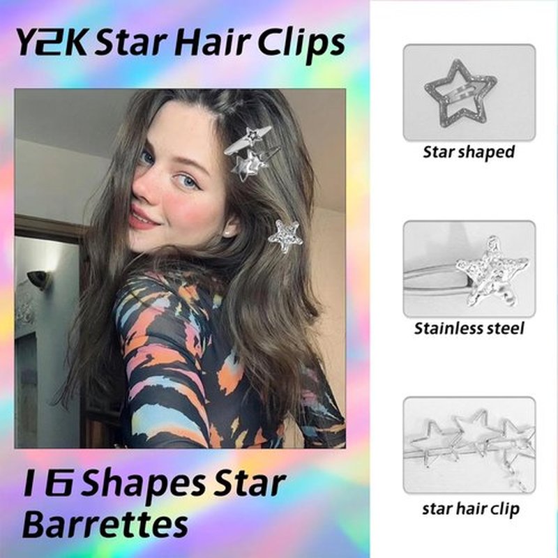 30PCS Y2K Silver Hair Clips Metal Star Barrettes 16 Shapes Punk Kawaii Hair Clips for Women 2000s Non Slip Hairpin Accessories for Girls