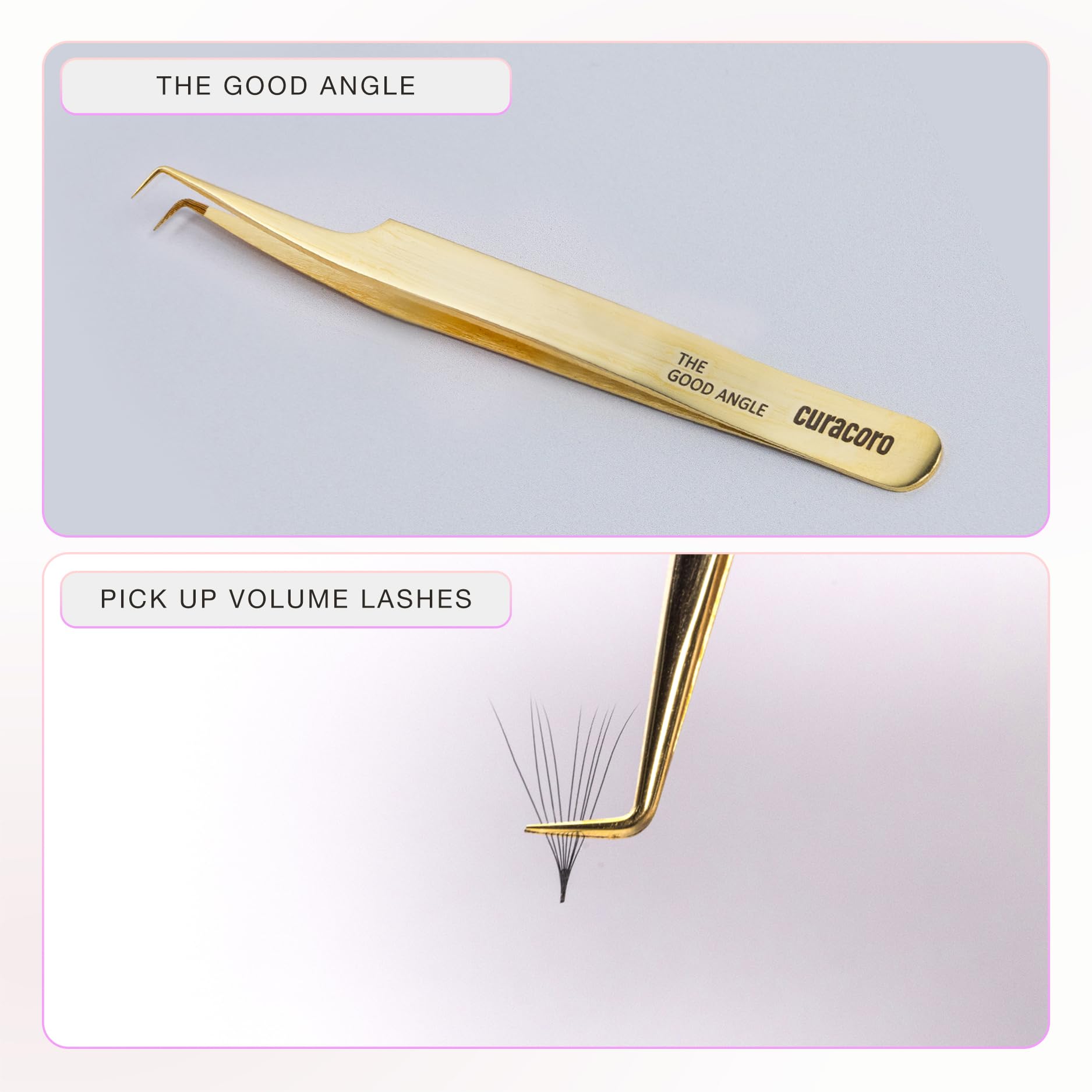 Curacoro Lash Tweezers, Fiber Tip Grip (Gold, The Good Angle)