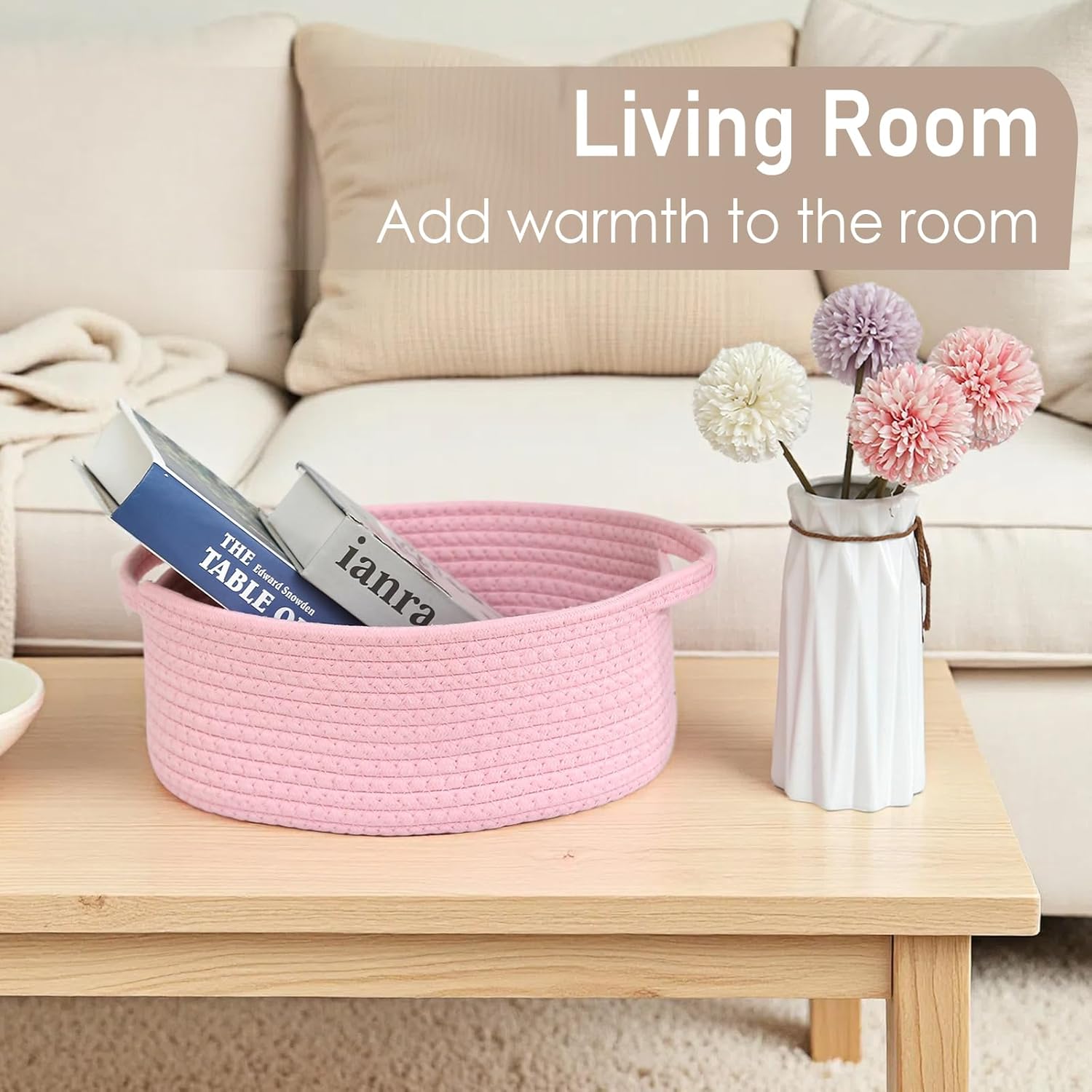 **JMvicyroam Woven Basket - Small Rope Storage Bin with Handles for Organizing Shelves | Pink, 2 Pack**