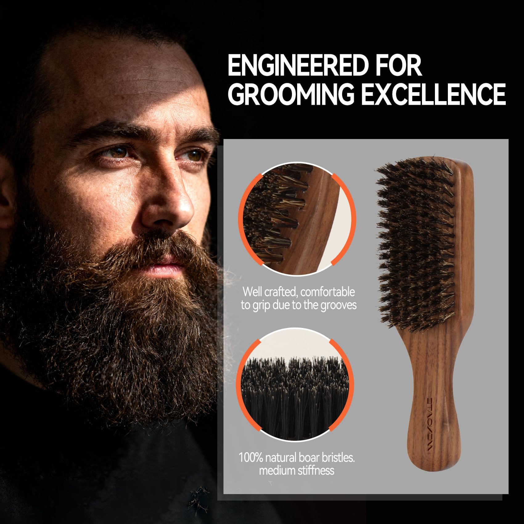 MenGate Boar Bristle Beard Brush for Men - Wooden Mustache Brush and Slick Back Hair Brush with Small Metal Beard Comb, Perfect for Home and Travel Use - Major