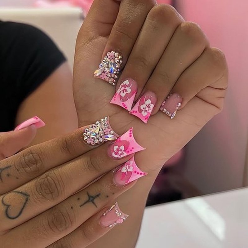 FIEONCIY Press on Nails Duck Shaped Glossy Full Cover Acrylic Duck False Nails with Designs Artificial Medium Duck Shaped Fake Nails with Charms Glue ons Fingernails for Women Girls(XXS215)