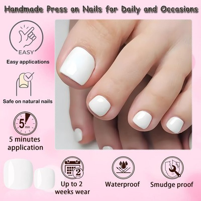 LoveOurHome 240pc White Press on Toenails Women Fake Toe Nails with Glue Tab, White Fake Toenail Press on Toes Nail Glue on Toenails Acrylic Toe Nail Tips Gel Artificial False Stick Toenail Tip