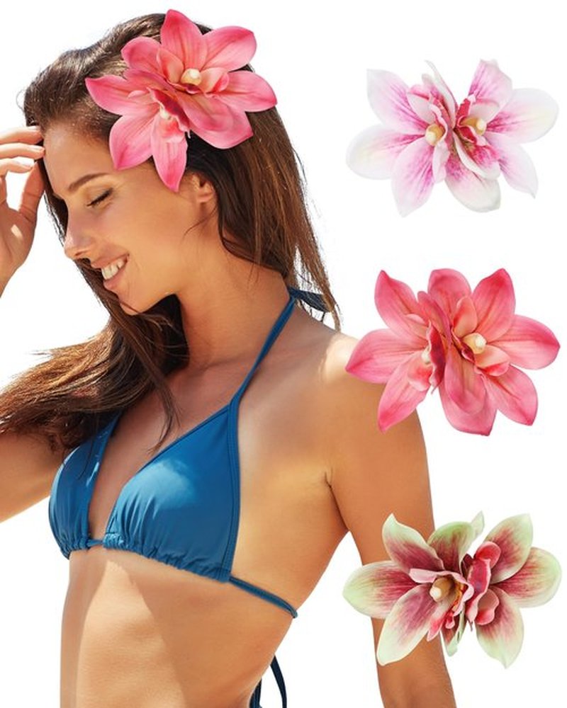3 PCS Hawaiian Flower Hair Clips for Women Artificial Orchid Hair Barrettes Hibiscus Flower Hair Clips for Wedding Bridal Beach Party(Pink+Rose+Green)