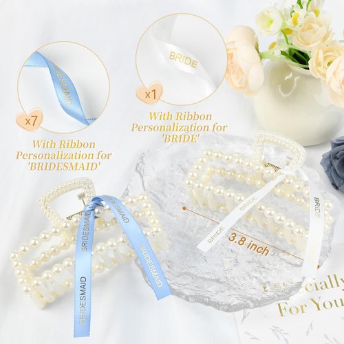 8 Pack Pearl Bride Hair Clips with White and Blue Ribbon Bachelorette Gifts for Bridesmaid Large Bridesmaid Hair Accessories for Wedding Party Favors (White&Blue)