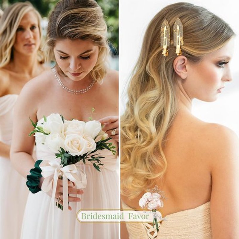 12 PCS Hair Accessories Bridesmaid Proposal Gifts, Including Gold Glitter Bridesmaid Hair Clips and Silk Satin Soft Bridesmaid Hair Scrunchies, Women's Wedding Favor