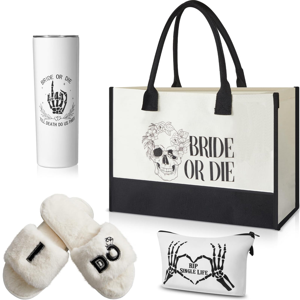 Cosblank 4 Pcs Bride Gifts for Bridal Shower – Bride or Die Bachelorette Gift Set, 20oz Stainless Steel Tumbler, Canvas Tote Bag, Makeup Pouch & Cozy Bridal Slippers, Wedding Morning Gift