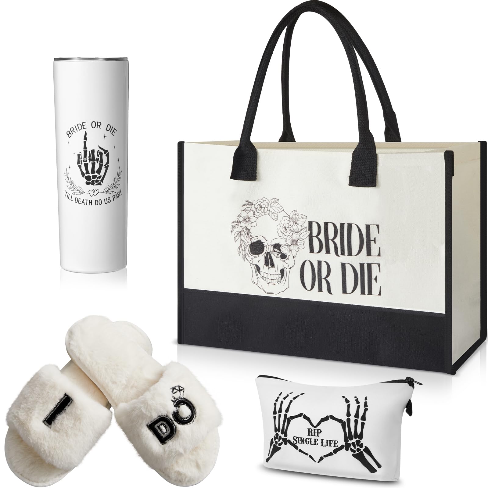 Cosblank 4 Pcs Bride Gifts for Bridal Shower – Bride or Die Bachelorette Gift Set, 20oz Stainless Steel Tumbler, Canvas Tote Bag, Makeup Pouch & Cozy Bridal Slippers, Wedding Morning Gift