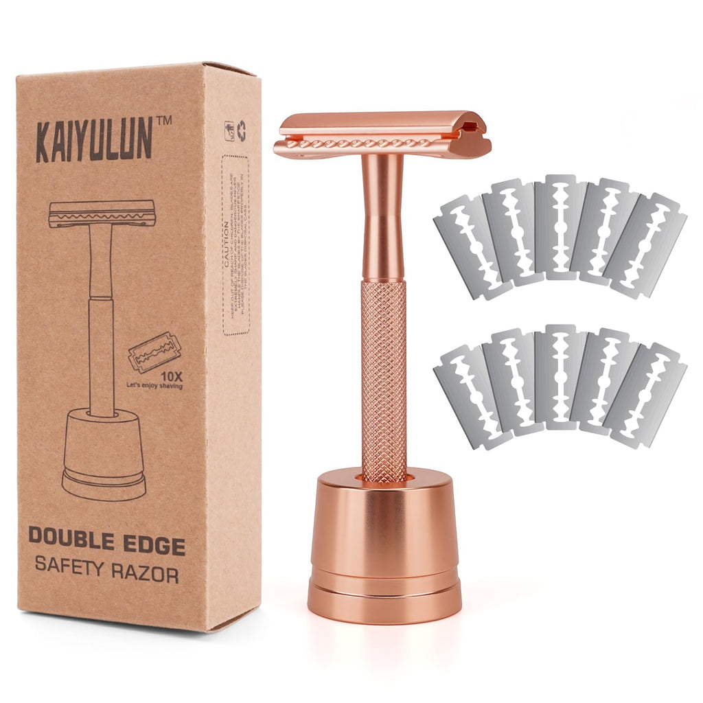 KAIYULUN Safety Razor with Stand for Men & Women - Double Edge Single Blade Razor, One Blade Razor with 10 Blades & Metal Stand - Reusable Mens & Womens Shaving Razor (Complete Kit)-Rose gold