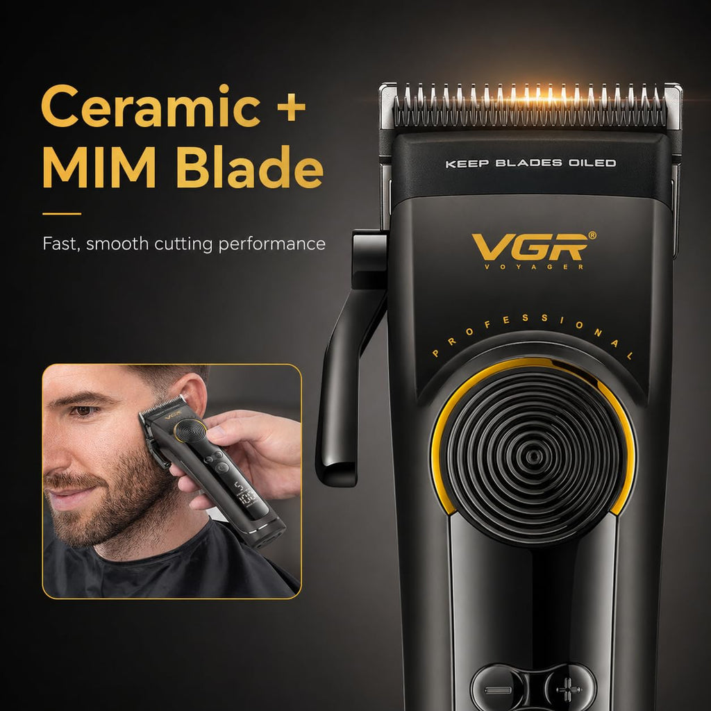 VGR 199 Professional Cordless Hair Clippers for Men, 5-Speed Mens Hair Clippers with LED Display, Rechargeable Clipper with Charging Base & 6 Guide Combs–Home Barber Kit, Black