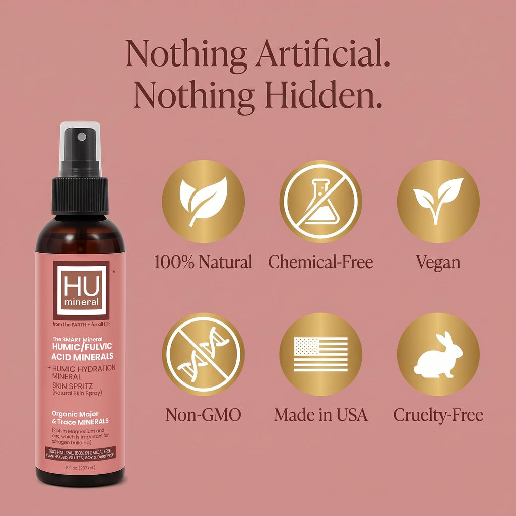 HUmineral Collagen-Boosting Mineral Face Mist – Humic & Fulvic Acid, 80+ Organic Minerals, Electrolytes & Silica – Hydrates Skin, Hair & Body – Non-GMO, Vegan – Made in USA – 8 fl oz