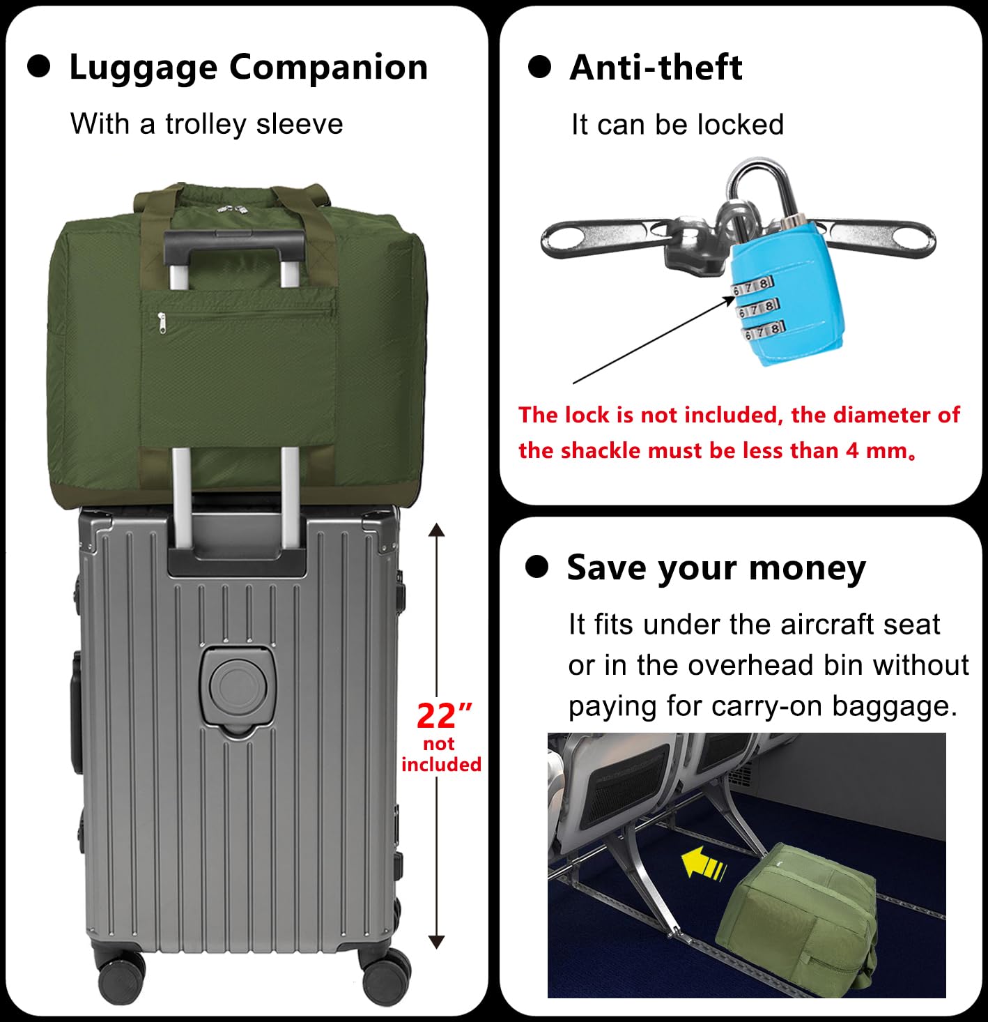 Vimapo Foldable Travel Duffle Bag with Trolley Sleeve 40L Capacity, Lightweight Packable Travel Duffel Bags with the Keyhole Zipper, Weekender Overnight Nylon Carry on Bag for Men & Women, Army Green