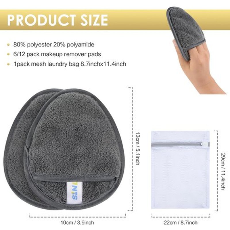 SINLAND Reusable Makeup Remover Pads - Gentle Microfiber Facial Cleansing Cloths | Grey, 6-Pack (5.1"x3.9")
