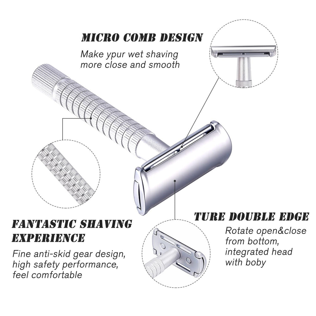 Men's and Women's Manual Razor Safety Razor with 10 Double Edge Blades, Double Edge Razor, Reusable Razor Kit, Eco-Friendly, Smooth Close Shave, Plastic-Free (Silver + base)