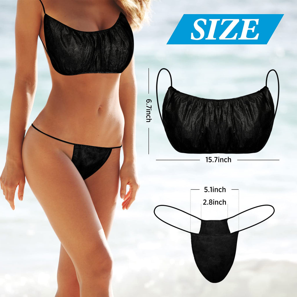 75 Packs Disposable Bra and Panties Sets for Women, 25 Pas Disposable Bra Spa Top Underwear, 50 Pcs Thongs Bikini Panties, Spray Tanning Wraps, Individually Wrapped, Black