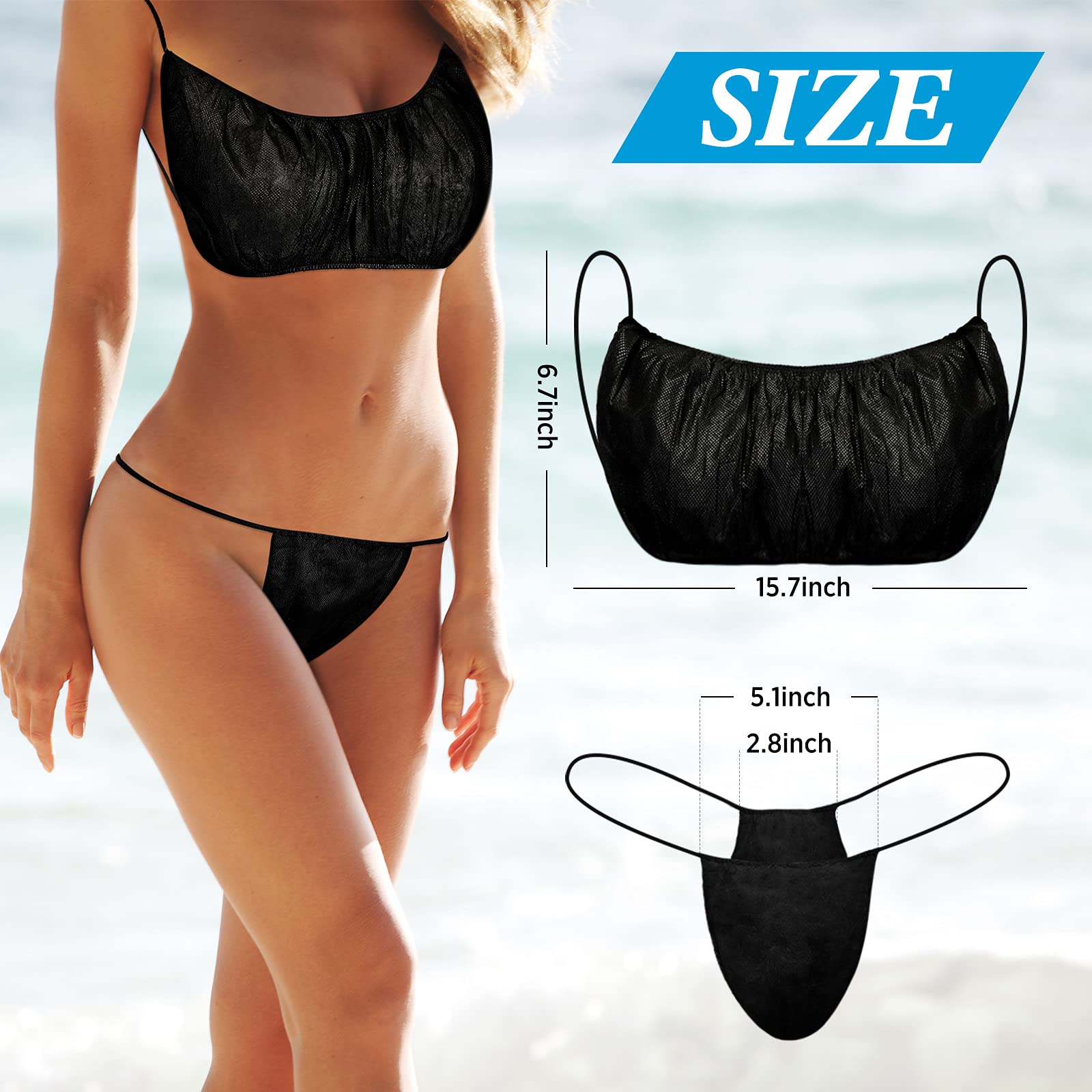 75 Packs Disposable Bra and Panties Sets for Women, 25 Pas Disposable Bra Spa Top Underwear, 50 Pcs Thongs Bikini Panties, Spray Tanning Wraps, Individually Wrapped, Black