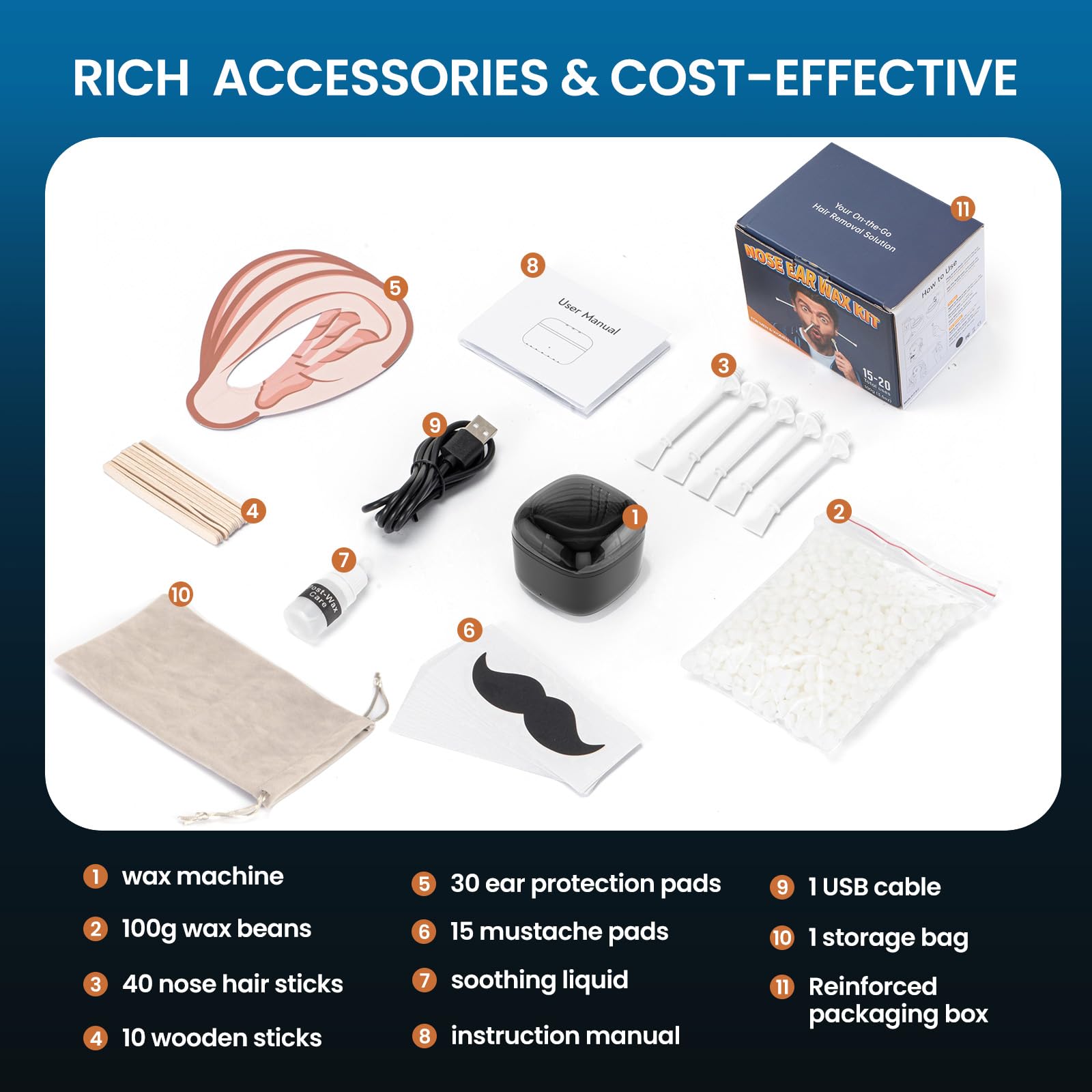 Nose Wax Kit Men, Nose and Ear Hair Waxing Kit with 100g Wax, 40 Applicators, Ear Hair Removal Kit, 20 Uses, USB Fast Heat, Smart Constant Temp, Upgraded Size, Multi-Accessories, Blue
