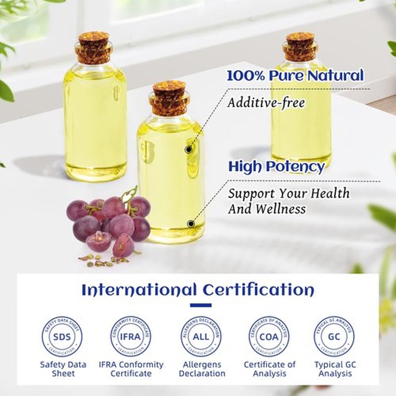 HIQILI 3.38 Fl Oz Organic Grapeseed Oil for Hair, for Skin, Carrier Oil for Essential Oils Mixing, 100% Pure & Natural-100ML