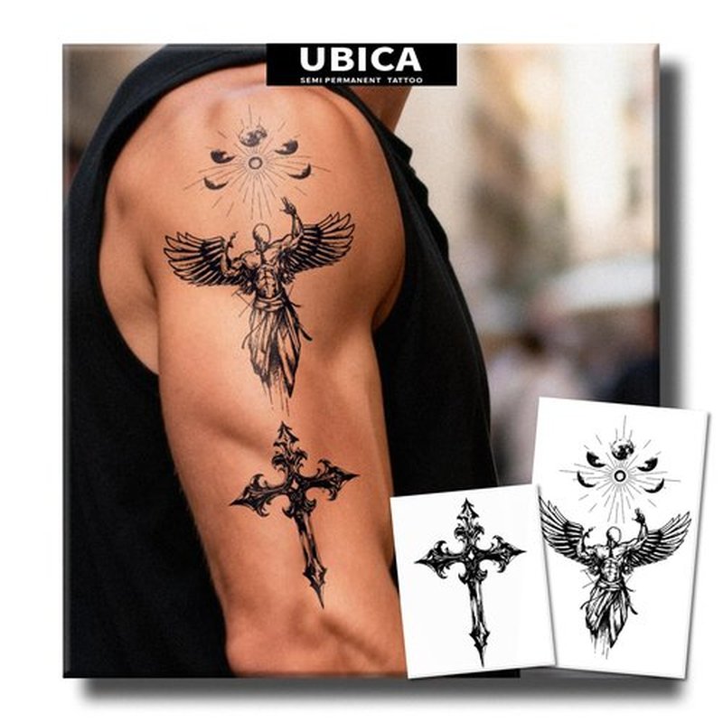 UBICA Semi Permanent Tattoos, 2 Sheets Realistic Large Temporary Tattoos for Men, Fake Tattoo for Back Arm Wrist, Waterproof No Reflective, Lasts 2 Weeks (Strength Angel Wing & Gothic Cross Designs)