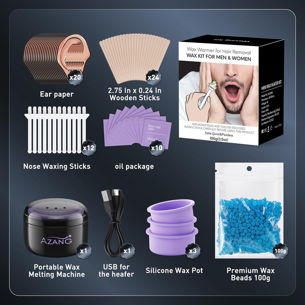 Azang Nose Wax Kit Portable Warmer ｜100g Wax｜Rapid Heating｜24 Applicators + 12 Nose Hair Sticks｜3 Silicone Pots｜Travel Size｜Unisex｜Global Recycled Standard