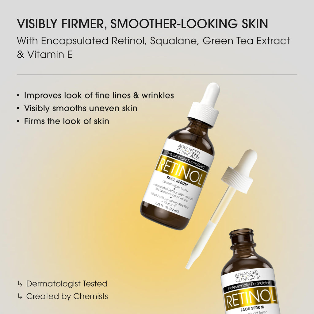 Advanced Clinicals Retinol Serum For Face | Visible Anti Aging Retinol Serum Skin Care Face Moisturizer With Vitamin E Helps Improve Look Of Wrinkles, Fine Lines, & Uneven Skin Tone, 1.75 Fl Oz