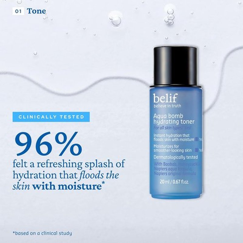 Belif Aqua Bomb Dive Into Hydration Set - Korean Skin Care Gift Set for Mom | Includes SPF 45, Hydrating Toner & Eye Serum