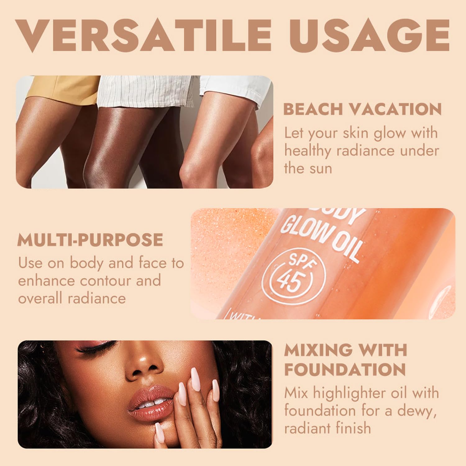 Body Glow Oil, SPF45 Sunscreen Body Oil Shimmer Moisturizing with Coconut Oil Nourishing Glowing Skin, Body Shimmering Oils for Face & Body, Lightweight, Non-Greasy