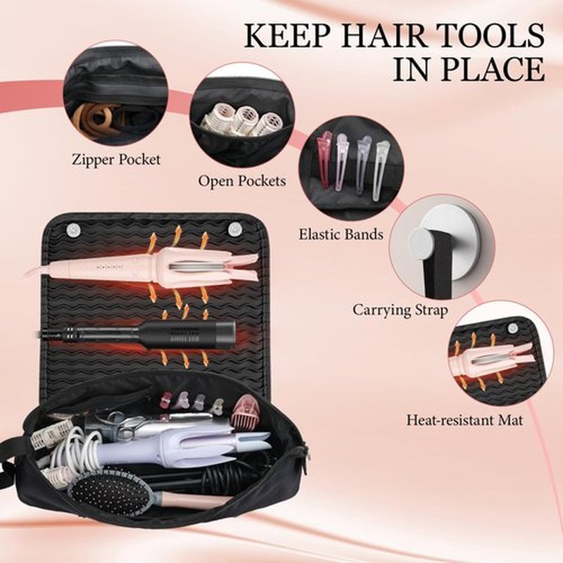 Dadanism Hot Hair Tools Travel Bag with Heat Resistant Mat Removable, Hair Accessories Organizer Case, Women Travel Essentials, Storage Pouch for Curling Iron Straightener Flat Iron HairDryer, Black