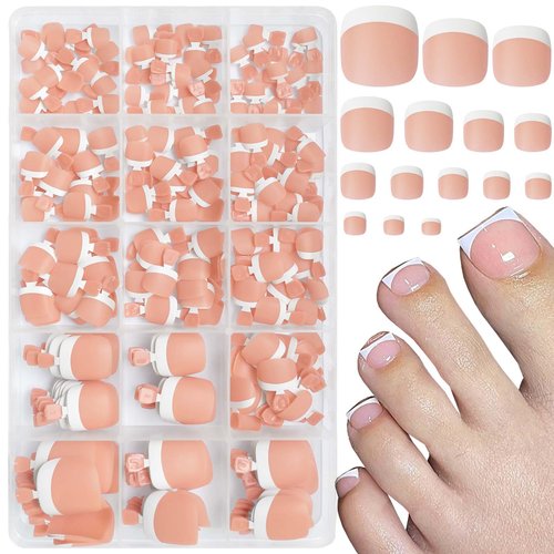 300pc French Tips Press on Toenails Women Fake Toes Nail Tips, Nude Pink Glue on Toe Nails Press ons Fake Toenail Soft Gel False Toe Nail Artificial Toe Fake Nail Tip for Acrylic Toenail Extension