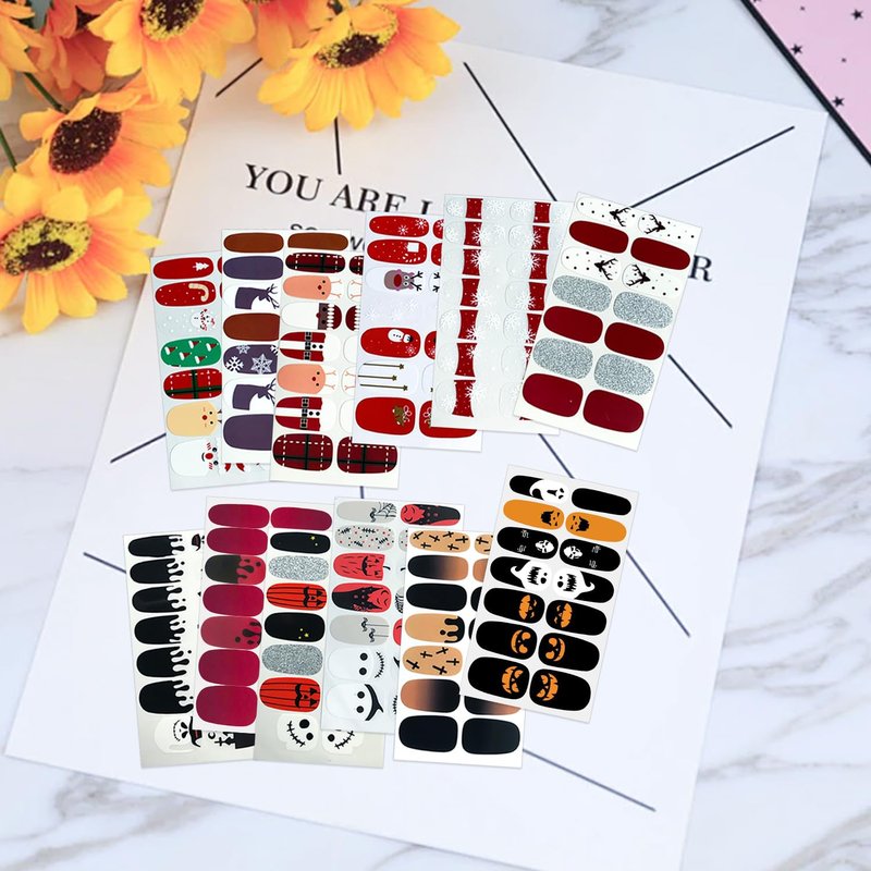 WOKOTO 20 Sheets Self-Adhesive Nail Polish Stickers Decal Tips with 1Pc Nail File Nail Strips Christmas Halloween Manicure Design for Women