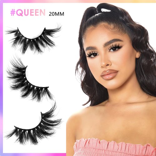 Barbielylashes 20mm Mink Lashes, 3D Real Mink Lashes, 3 Pairs Fluffy Dramatic False Eyelashes, 100% HandMade Mink Lshes, 6D Wispy Long Thick Full Volume Strip Eye Lashes, Cruelty Free (Party Time)