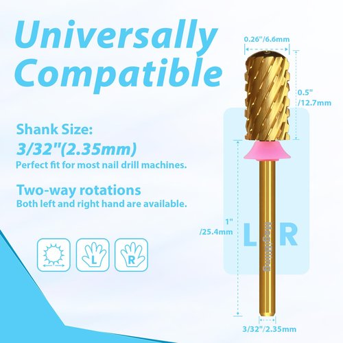 6.6mm Large Barrel Cross Cut Nail Drill Bit, 3/32" Safety Round Top Tungsten Carbide Efile Bit for Fast Hard Gel & Acrylic Removal, Two-Way Rotation, Nail Tech & Beginner, Titanium, Triple Coarse