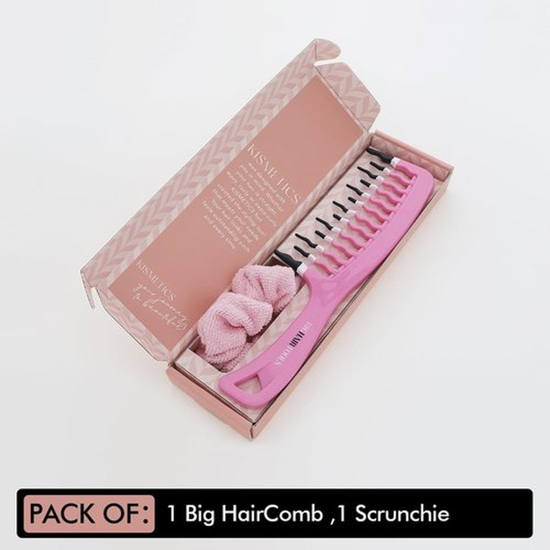 KISMETICS Big Hair Tools Extra Large Wide Tooth Comb for Thick, Curly, Wavy or Long Hair - Frizz-Free Detangling Shower Comb - Big Hair Comb and Microfiber Scrunchie