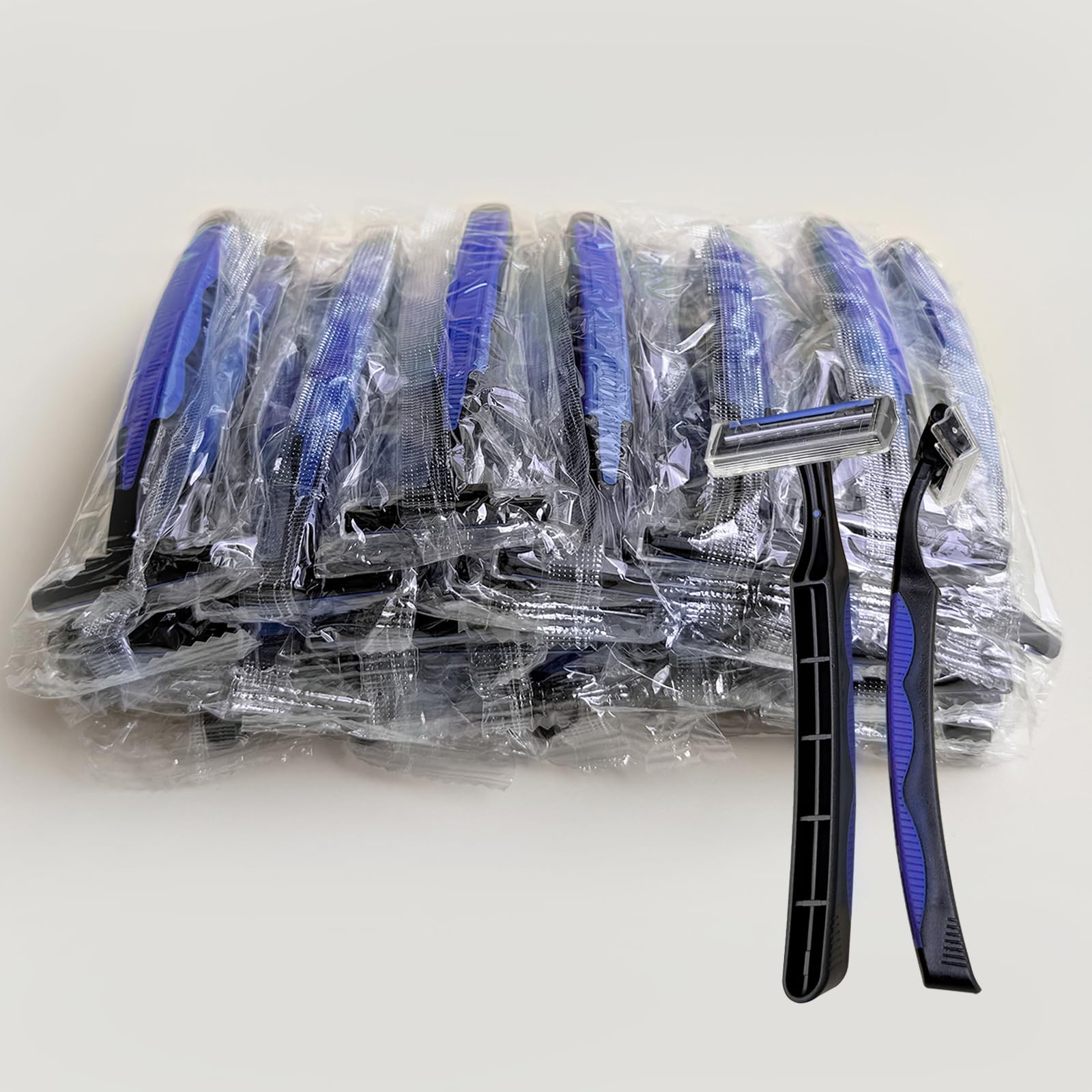 Individually Wrapped 3 Blades Razors Bulk, Travel Size Disposable Manual Razors with Stainless Steel Blade (Blue) (50)