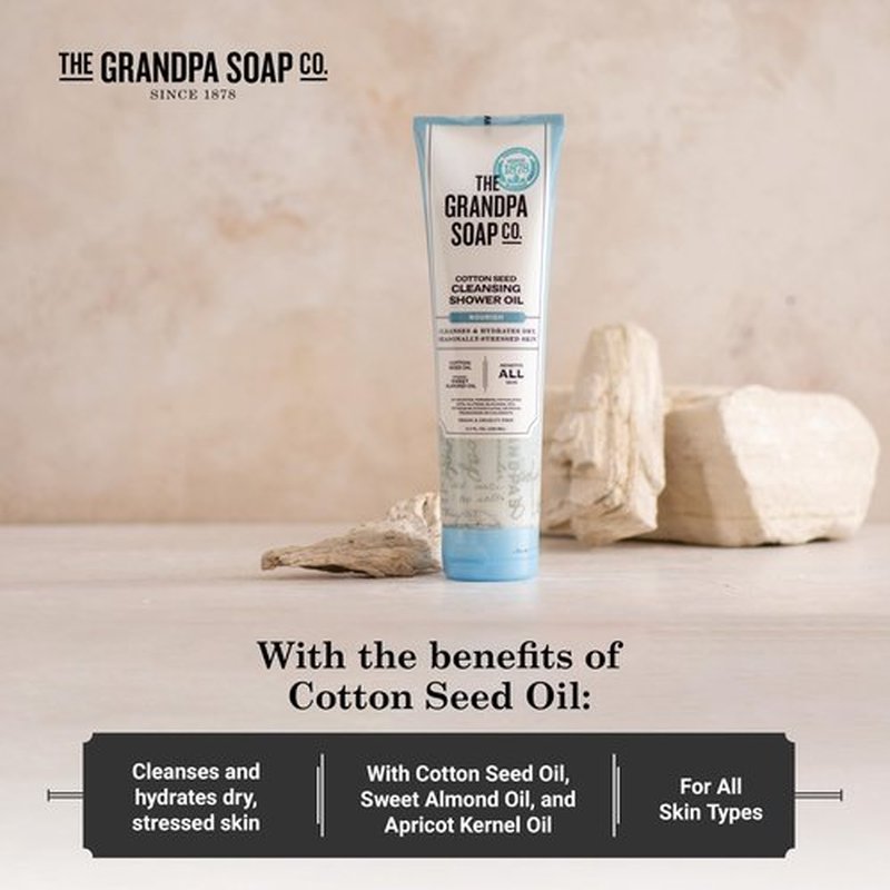 The Grandpa Soap Company Cotton Seed Cleansing Shower Oil - Hydrates Dry Seasonally-Stressed Skin, Nourishing and Moisturizing, With Cotton Seed Oil and Sweet Almond Oil, 9.5 Fl Oz., 2 Pack