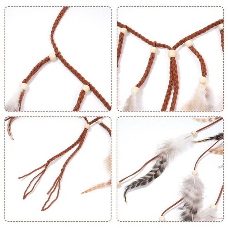 AWAYTR Feather Headband Women Festival Headwear Bohomia Feather Rope Crown Headdres For girls (White + Brown)