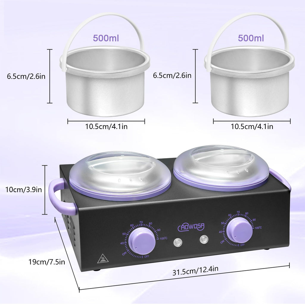 Professional Waxing Kit Wax Warmer Double Pot Wax Heater Machine for Hair Removal, Large Waxing Pot for Spa Salon Beauty Esthetician Home, with Non-Stick Easy Clean Pot, 50 Sticks & 20 Collar, Black