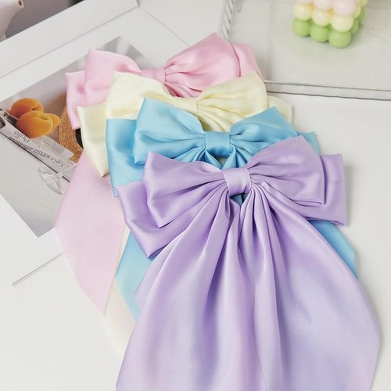 JGQUR Pastel Satin Bows Hair Accessories 4PCS - Long-Tail Bow Clips for Women, Sky Blue Lilac Light Pink Beige - Stylish Hair Barrettes for Spring and Casual Looks